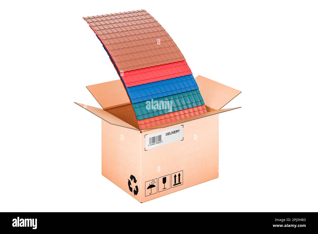 Tuiles de toit en métal de couleur à l'intérieur de la boîte en carton, concept de livraison. 3D rendu isolé sur fond blanc Banque D'Images