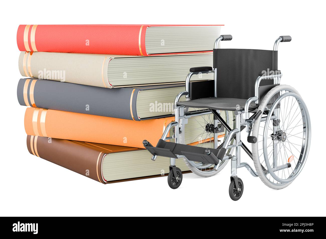 Fauteuil roulant avec livres. Concept d'éducation inclusive. 3D rendu isolé sur fond blanc Banque D'Images