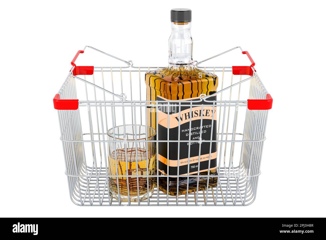 Bouteille de whisky et plein verre de whisky à l'intérieur du panier, 3D rendu isolé sur fond blanc Banque D'Images