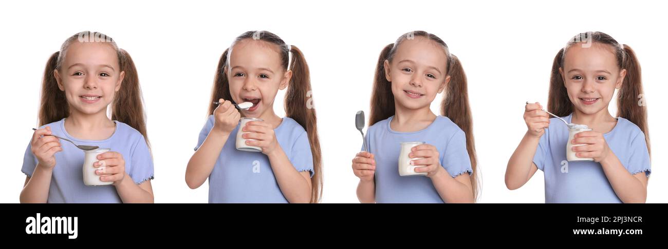 Collage avec photos de petite fille mignonne avec yaourt savoureux sur fond blanc. Bannière Banque D'Images