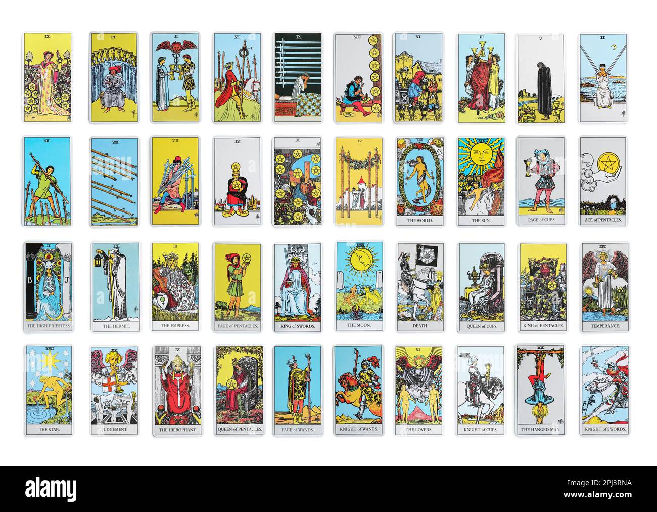 Jeu avec différentes cartes de tarot sur fond blanc Banque D'Images