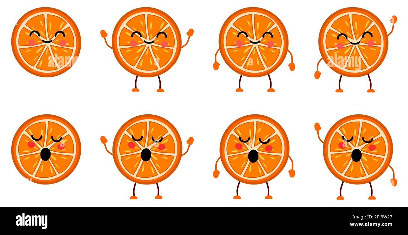 Icône orange aux agrumes de style kawaii, yeux fermés, sourire. Version avec les mains levées, abaissés et en agitant Illustration de Vecteur