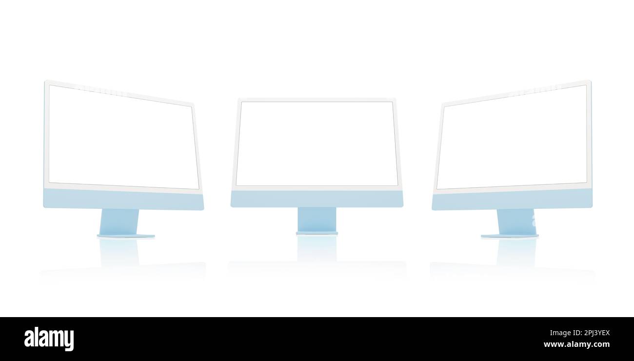 Trois écrans d'ordinateur en position latérale et avant. Écran isolé pour la présentation de l'application ou de la page Web Banque D'Images