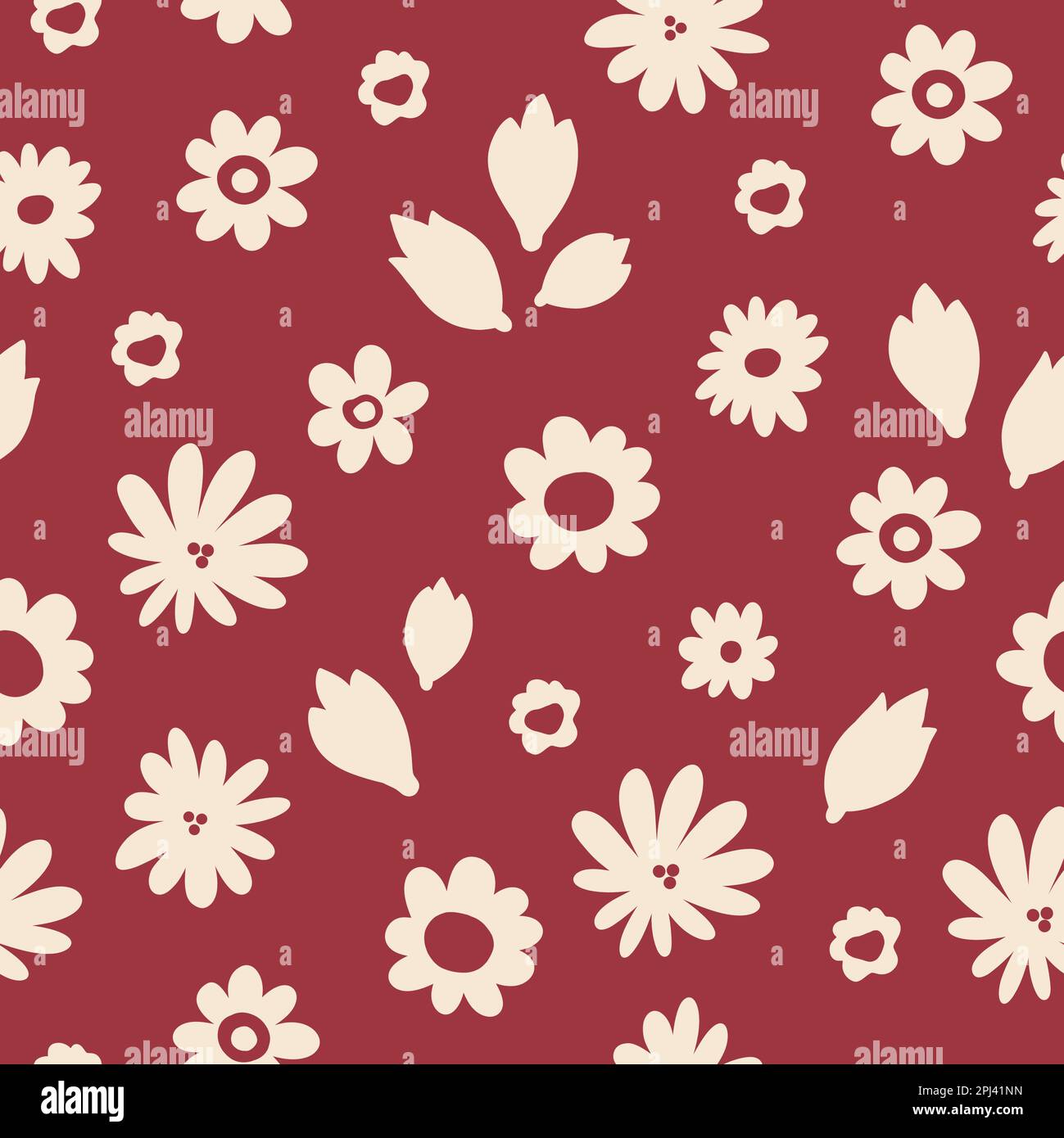 Motif fleurs en forme de doodle sans coutures. Fleurs blanches griboulées sur fond rouge. Imprimé tendance sur toute la surface dessiné à la main Banque D'Images