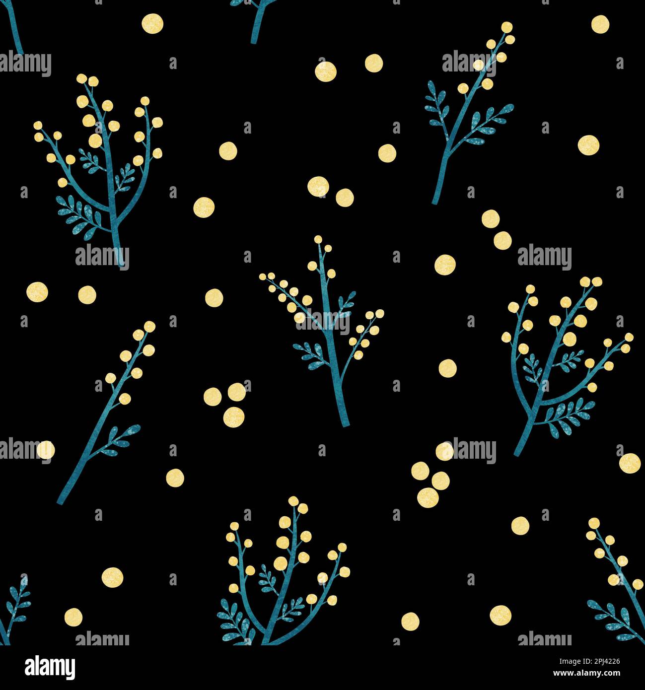 Motif sans couture Mimosa. Fleurs sauvages jaunes, brunches et feuilles sur fond noir. Imprimé fleuri raster sur toute la surface Banque D'Images