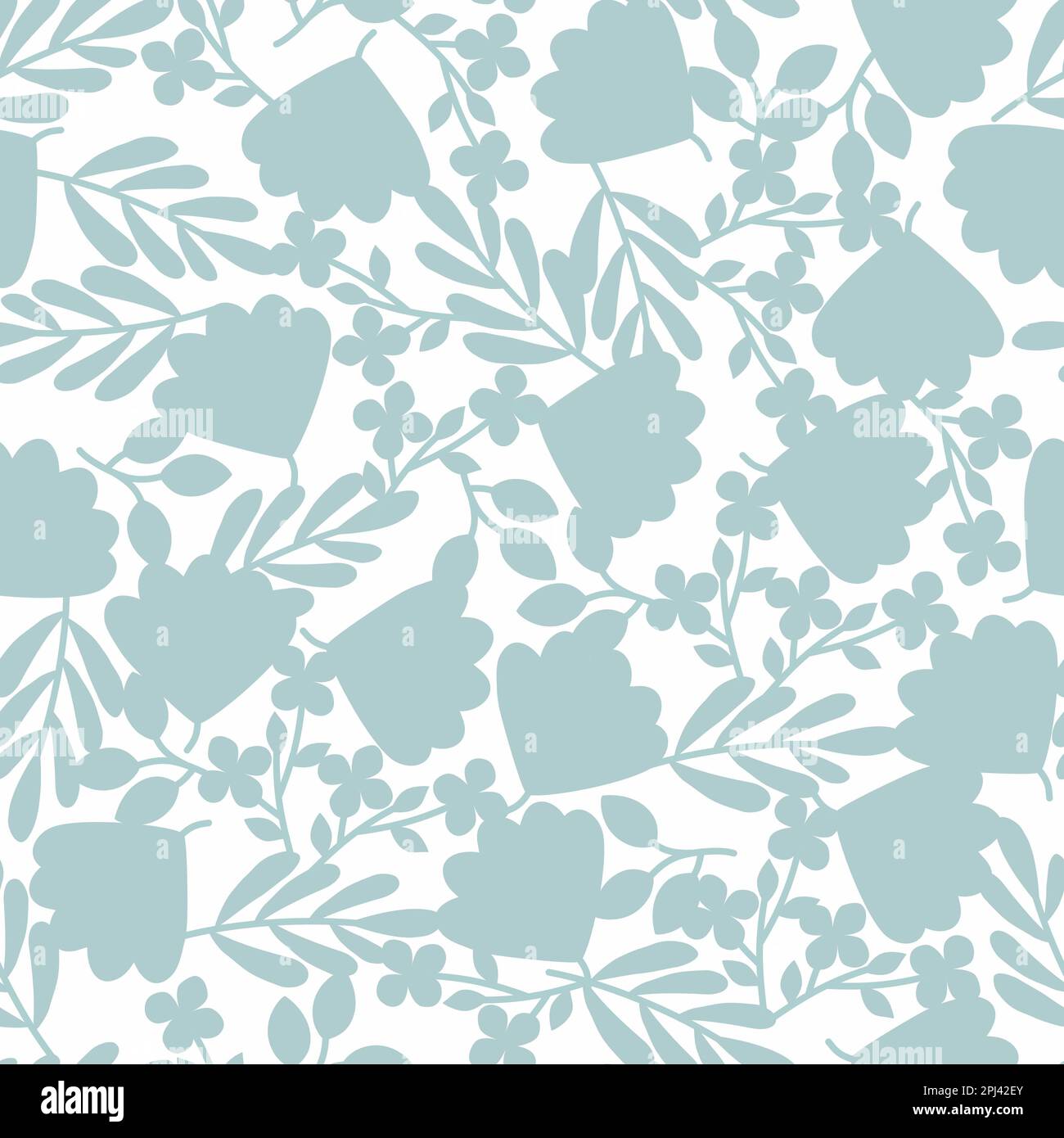 Fleurs bleues silhouettes sans couture. Arrière-plan fleuri se chevauchant. Imprimé monochrome sur toute la surface des fleurs, des brunchs et des feuilles Banque D'Images