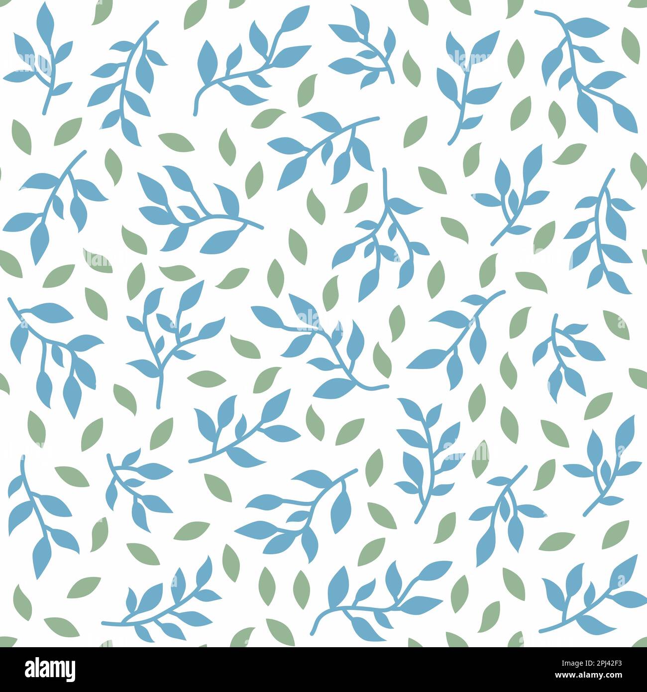 Branches à ressort sans couture. Petites feuilles et brunchs sur fond blanc. Imprimé feuilles bleu et vert sur toute la surface Banque D'Images