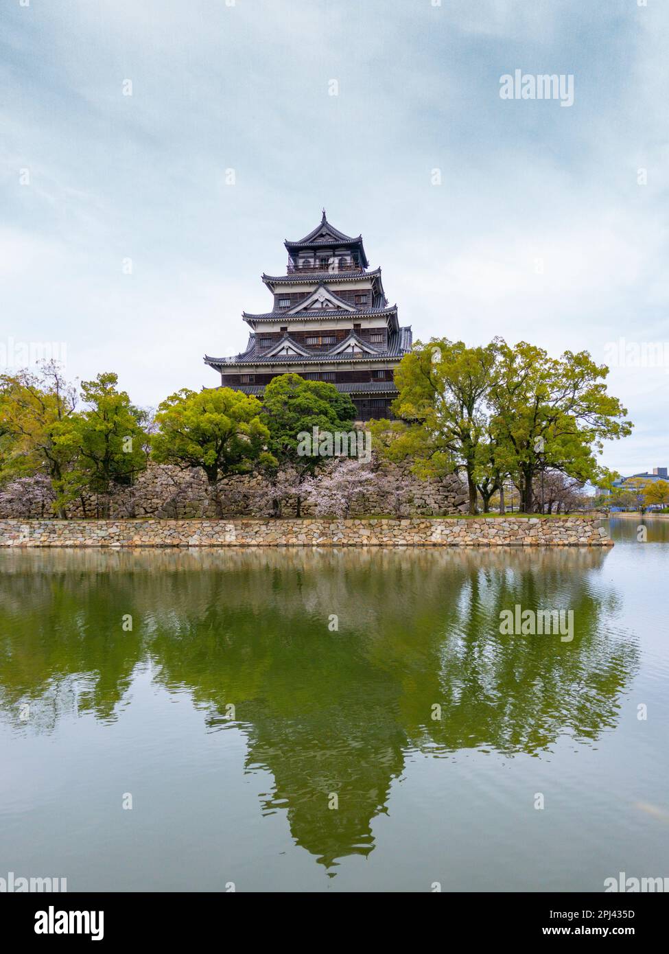 Vue extérieure du château d'Hiroshima en saison des cerisiers en fleurs, Hiroshima, Japon Banque D'Images