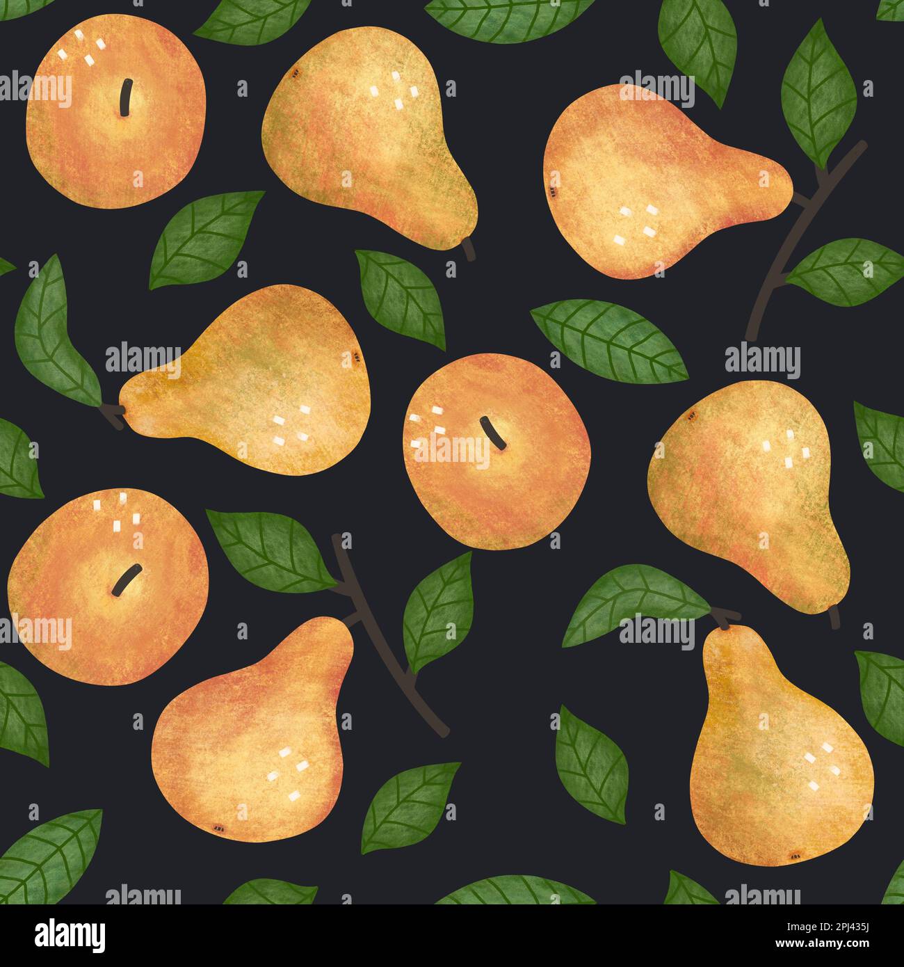 Motif poire sans coutures. Fruits de poire texturés dessinés à la main sur fond noir. Imprimé été sur toute la surface Banque D'Images
