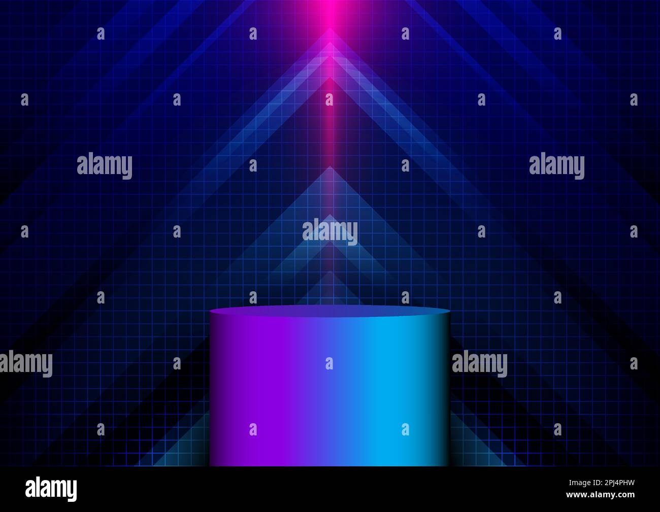 3D couleurs fluo réalistes podium avec flèche bleue abstraite illuminant avec éclairage et grille de lignes sur fond bleu technologie de pointe style cyber-punk. VE Illustration de Vecteur
