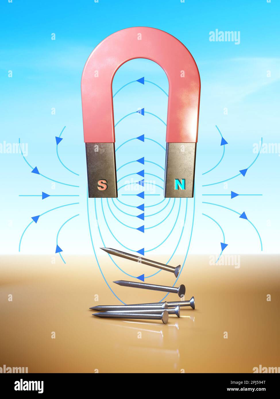 Champ magnétique créé par un aimant en fer à cheval, attirant quelques clous métalliques. Illustration numérique, rendu 3D. Banque D'Images