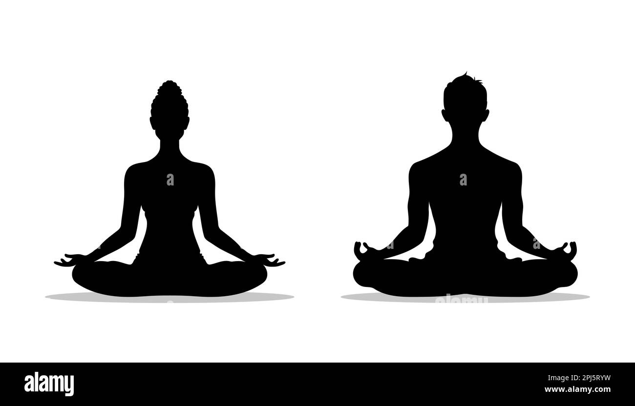 silhouette d'une femme et d'un homme pratiquant le yoga, en position lotus sur fond blanc. Illustration de Vecteur