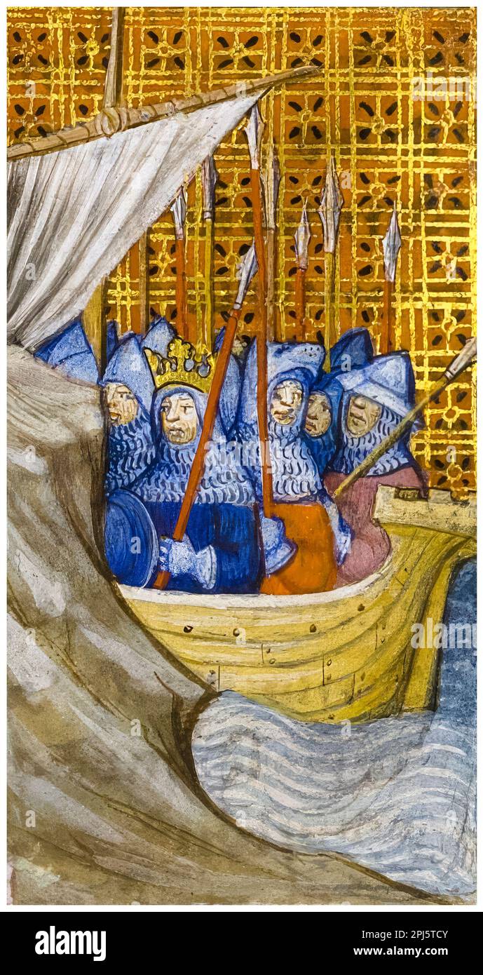 Le roi Louis VII de France (1120-1180), vêtu d'armure, qui navigue sur une Croisade, d'un manuscrit illuminé français de 14th ans, 1301-1399 Banque D'Images
