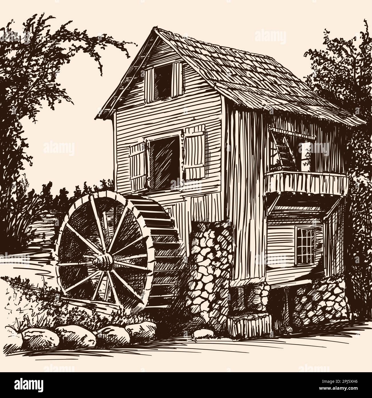 Moulin à eau en bois. Illustration de Vecteur