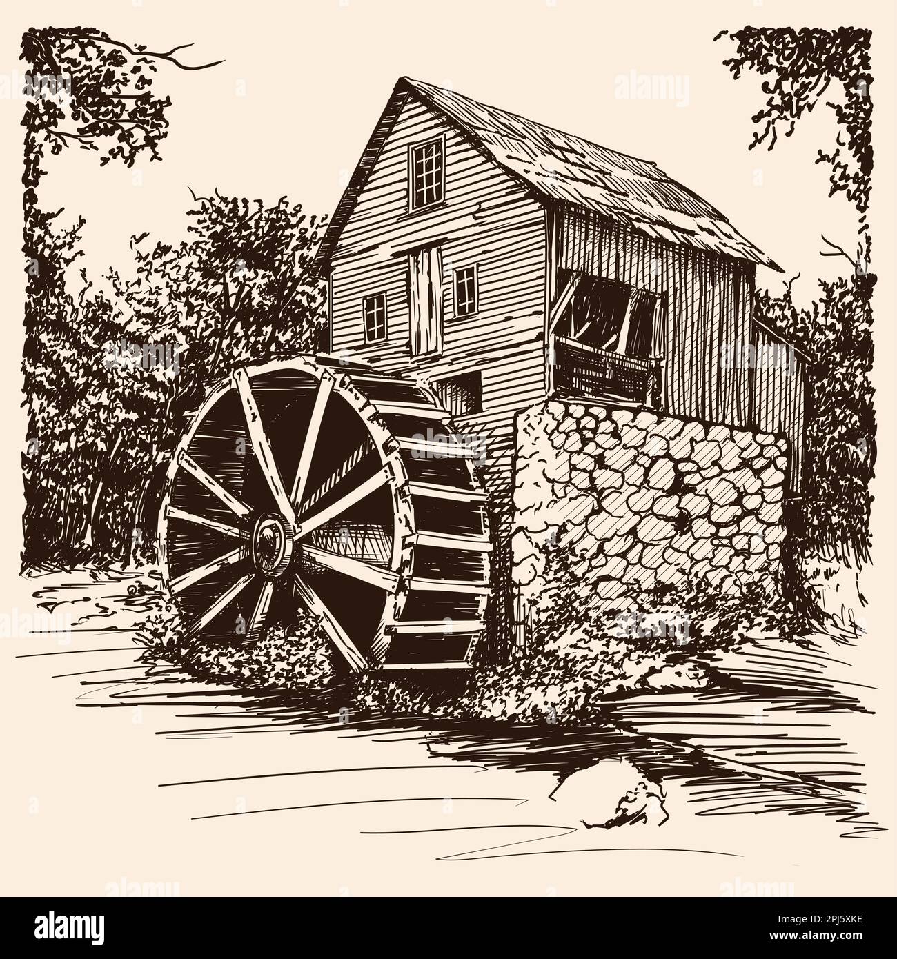 Moulin à eau en bois. Illustration de Vecteur
