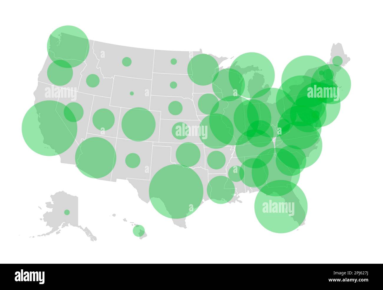 Carte des États-Unis d'Amérique (USA) avec cercles verts transparents représentant la population de chaque État. Illustration de la population aux États-Unis. Banque D'Images