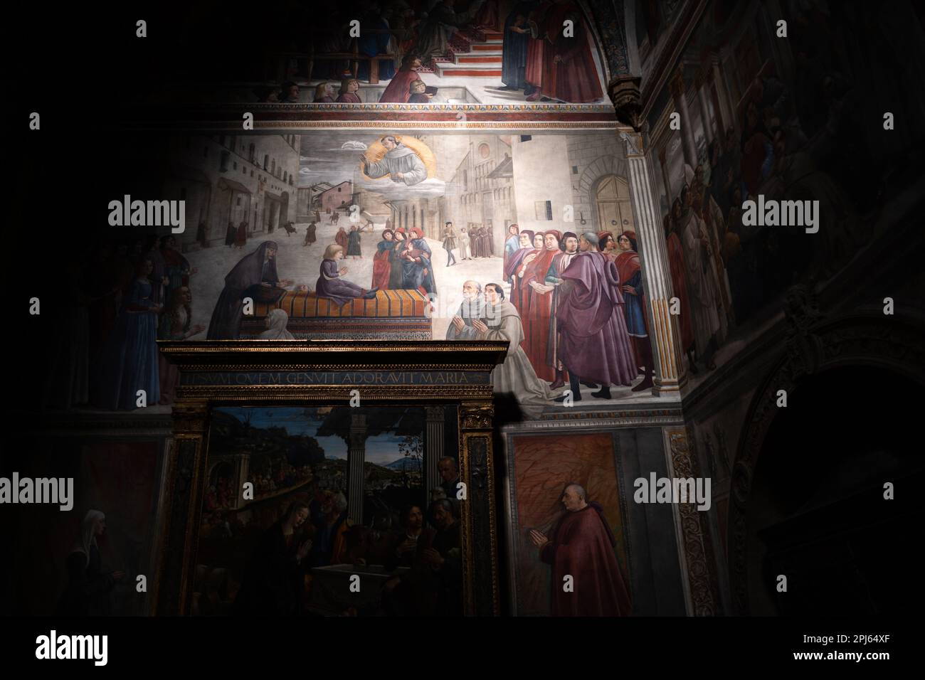 Fresques de Ghirlandaio dans la chapelle Sassetti de l'église Santa Trinita, Florence. Banque D'Images