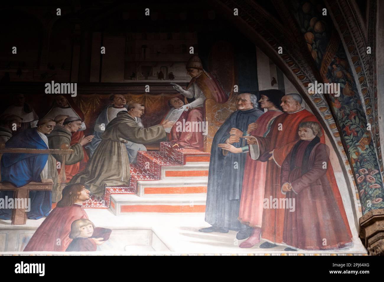 Fresques de Ghirlandaio, chapelle de Sassetti, église Santa Trinita, Florence. Seul portrait connu de Lorenzo le magnifique peint quand il était vivant Banque D'Images