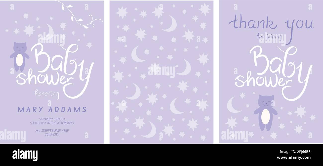 Ensemble de modèles d'invitation de douche de bébé. Honorant maman d'être. Cartes d'invitation et de remerciement avec lettrage, étoiles, croissant et un chat mignon. Art vectoriel Illustration de Vecteur