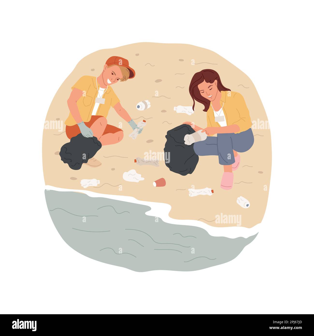 Des bénévoles de l'environnement ont isolé l'illustration vectorielle de dessin animé. Adolescent mettant des ordures tout en faisant du bénévolat sur la plage, protection de l'environnement, faisant le plastique nettoyer ensemble vector caricature. Illustration de Vecteur