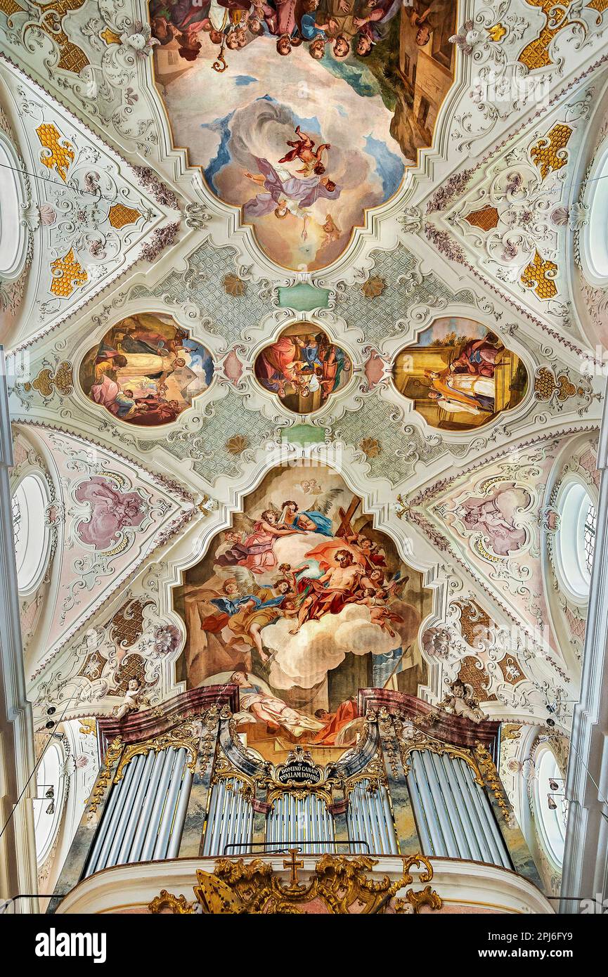 Fresques de plafond et orgue, église de Saint Martin à Fischbachau, haute-Bavière, Bavière, Allemagne Banque D'Images
