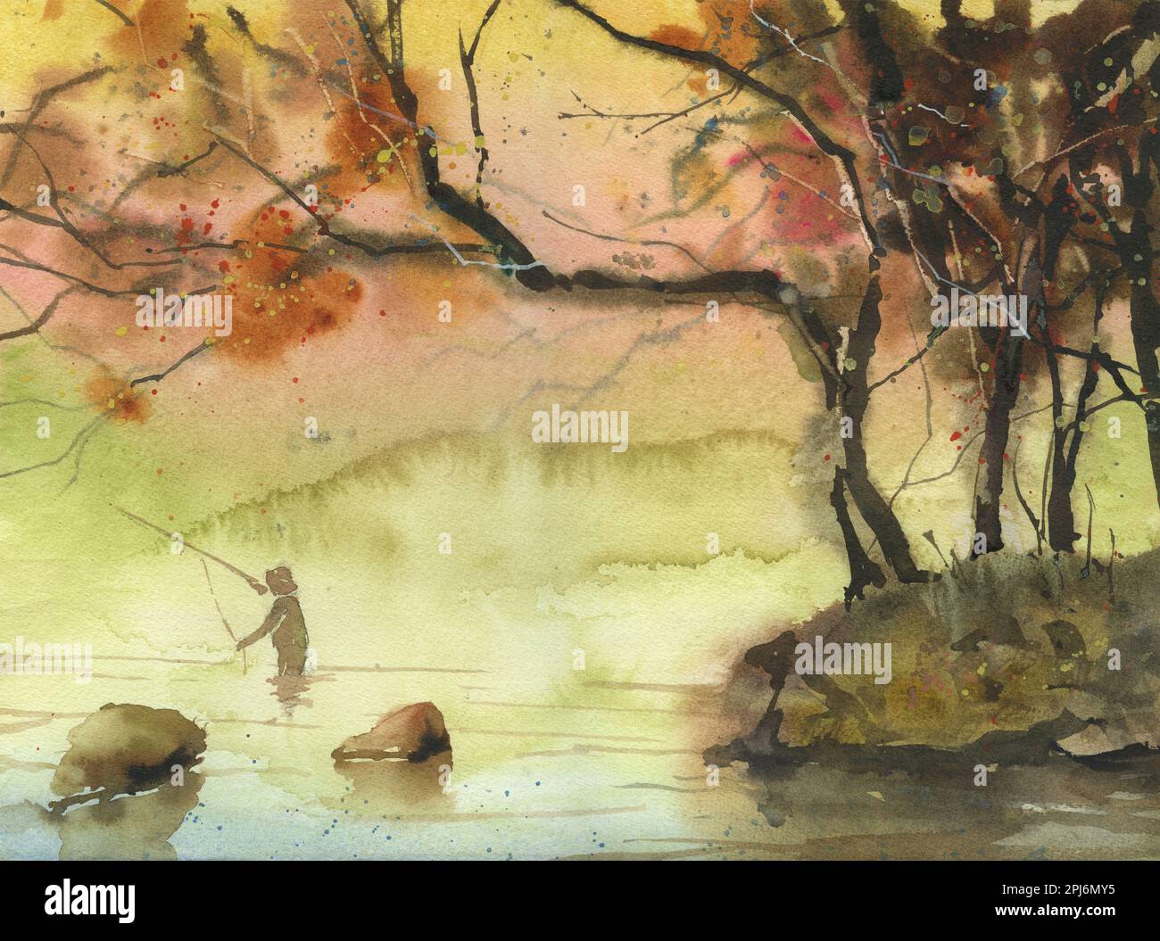 Affiche Pêcheur à La Mouche – Art Aquarelle Minimaliste