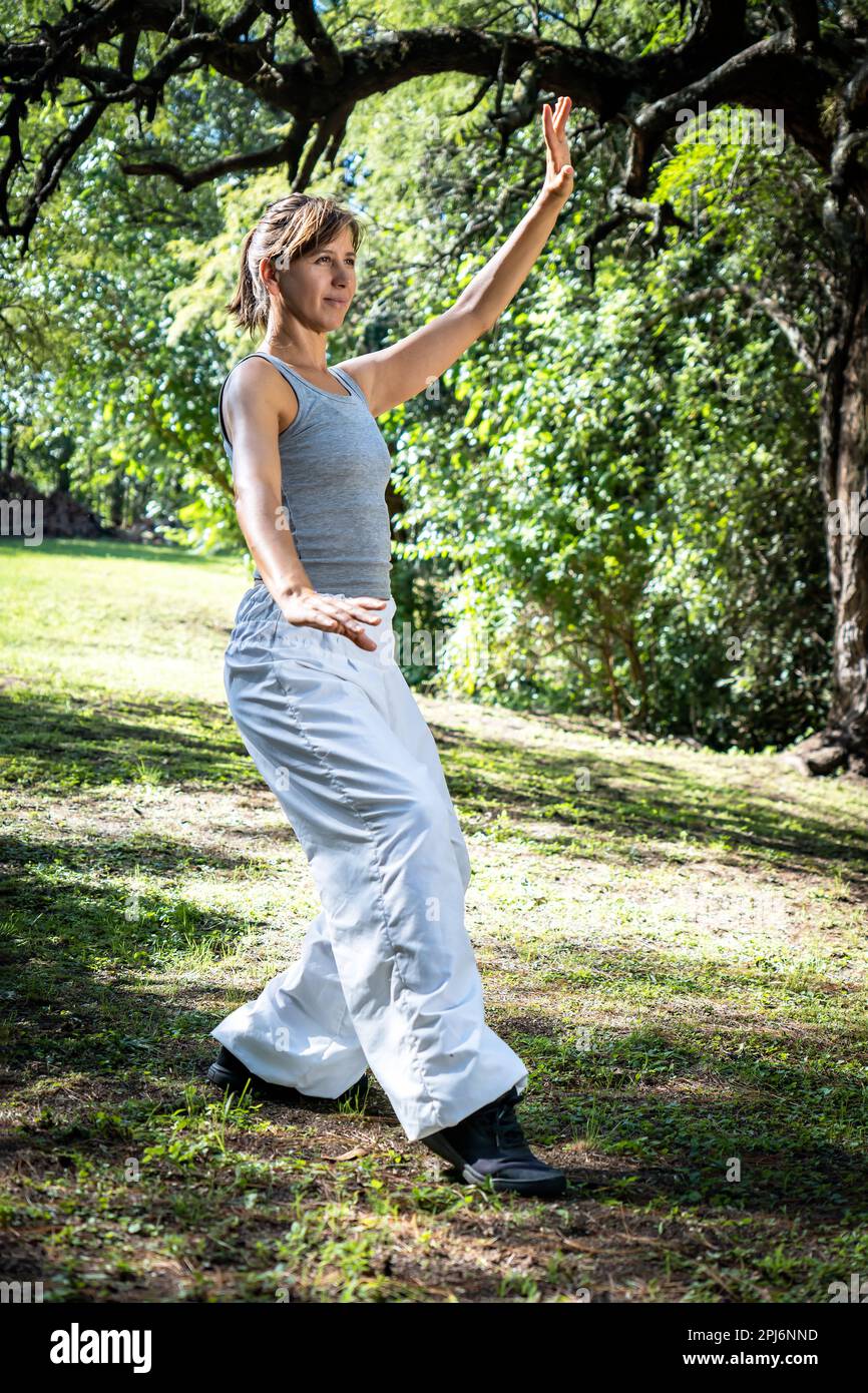 une femme pratiquant le tai chi dans un parc transmet un sentiment de tranquillité et d'harmonie avec la nature. Banque D'Images