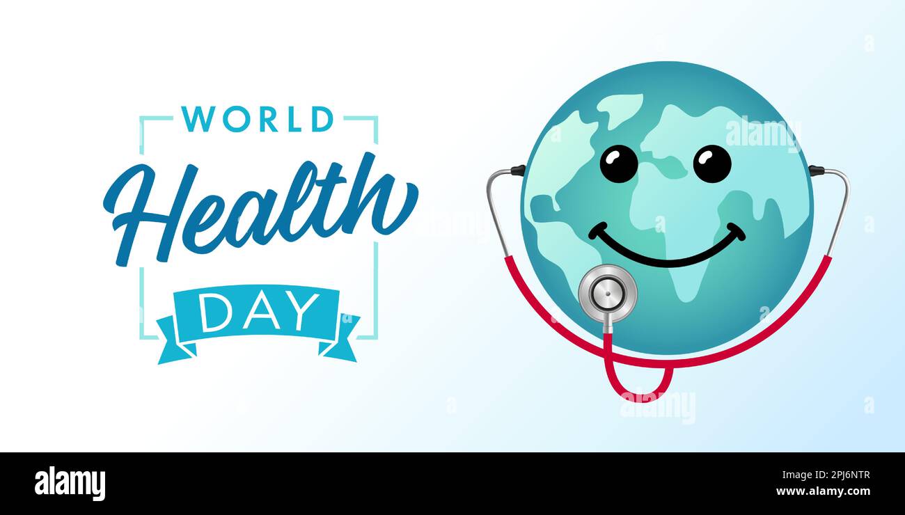 Concept de la Journée mondiale de la Santé, une planète avec le sourire et le stéthoscope. Une terre heureuse avec un instrument médical pour écouter l'action du coeur. Carte vectorielle Illustration de Vecteur