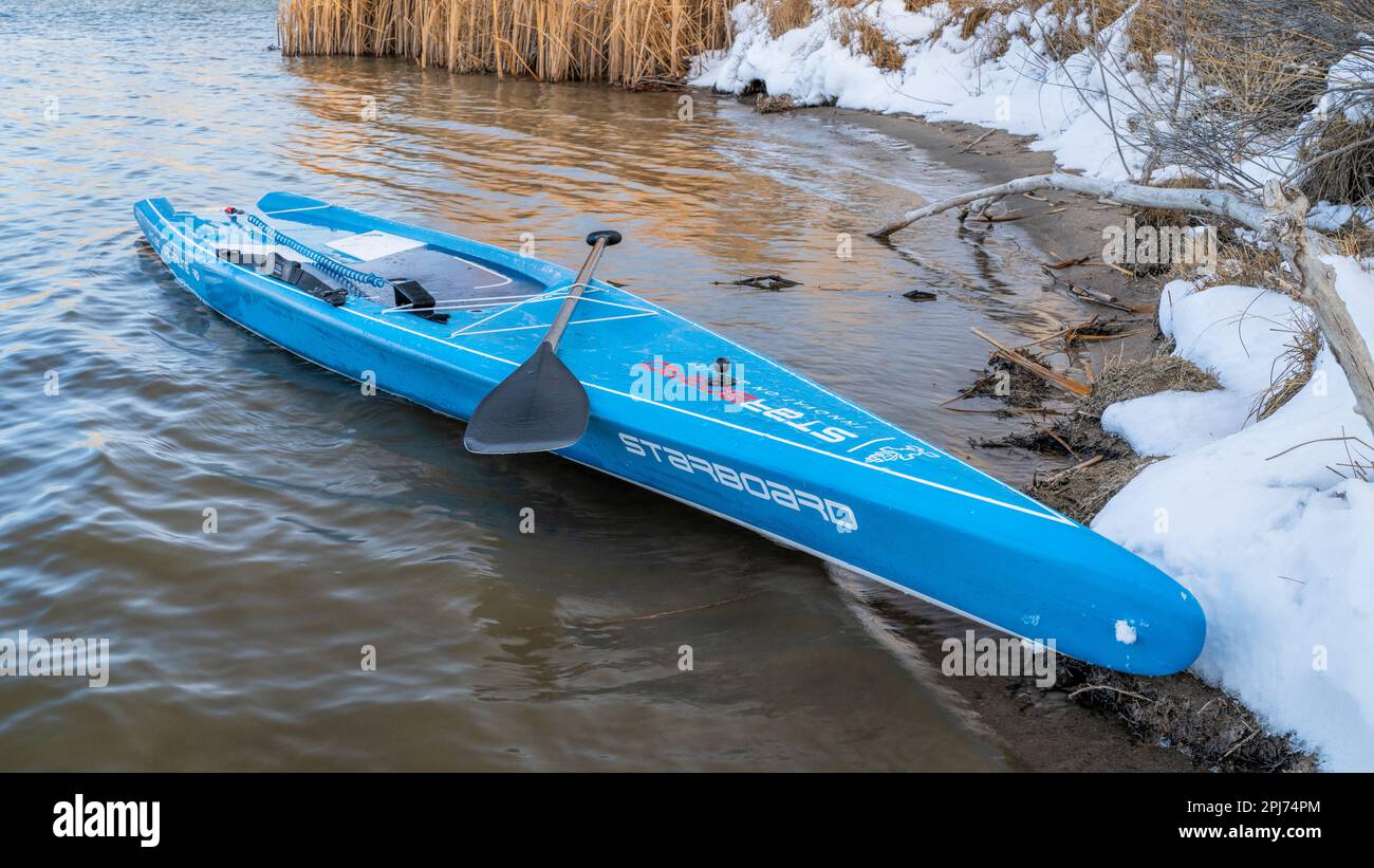 ort Collins, CO, Etats-Unis - 25 mars 2023: Stand up trip stand up paddleboard conçu pour l'eau plate (modèle 2023 Waterline par Starboard) sur une rive de lac. Banque D'Images