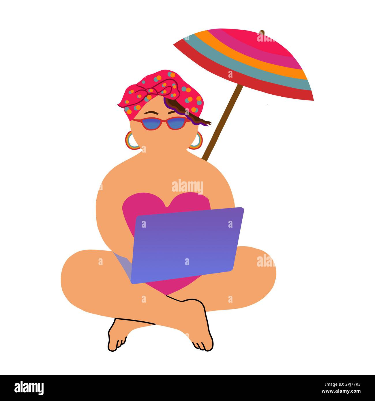 Concept de nomade numérique. Une jeune femme en bord de plage porte un ordinateur portable pour effectuer son travail à distance. Voyagez en toute liberté en été. Banque D'Images