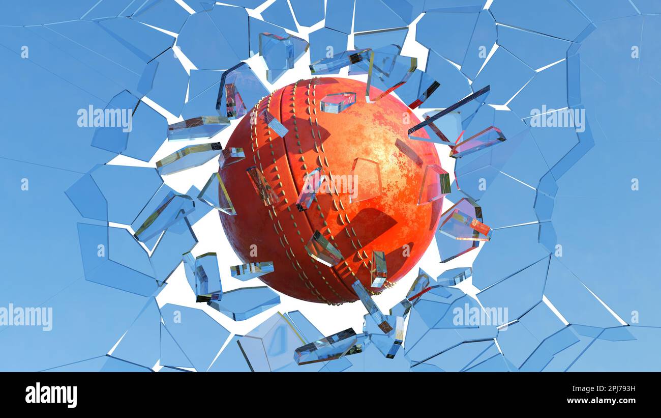 Cricket ball Breaking Glass, lunettes brisées qui volent sur l'air. Banque D'Images