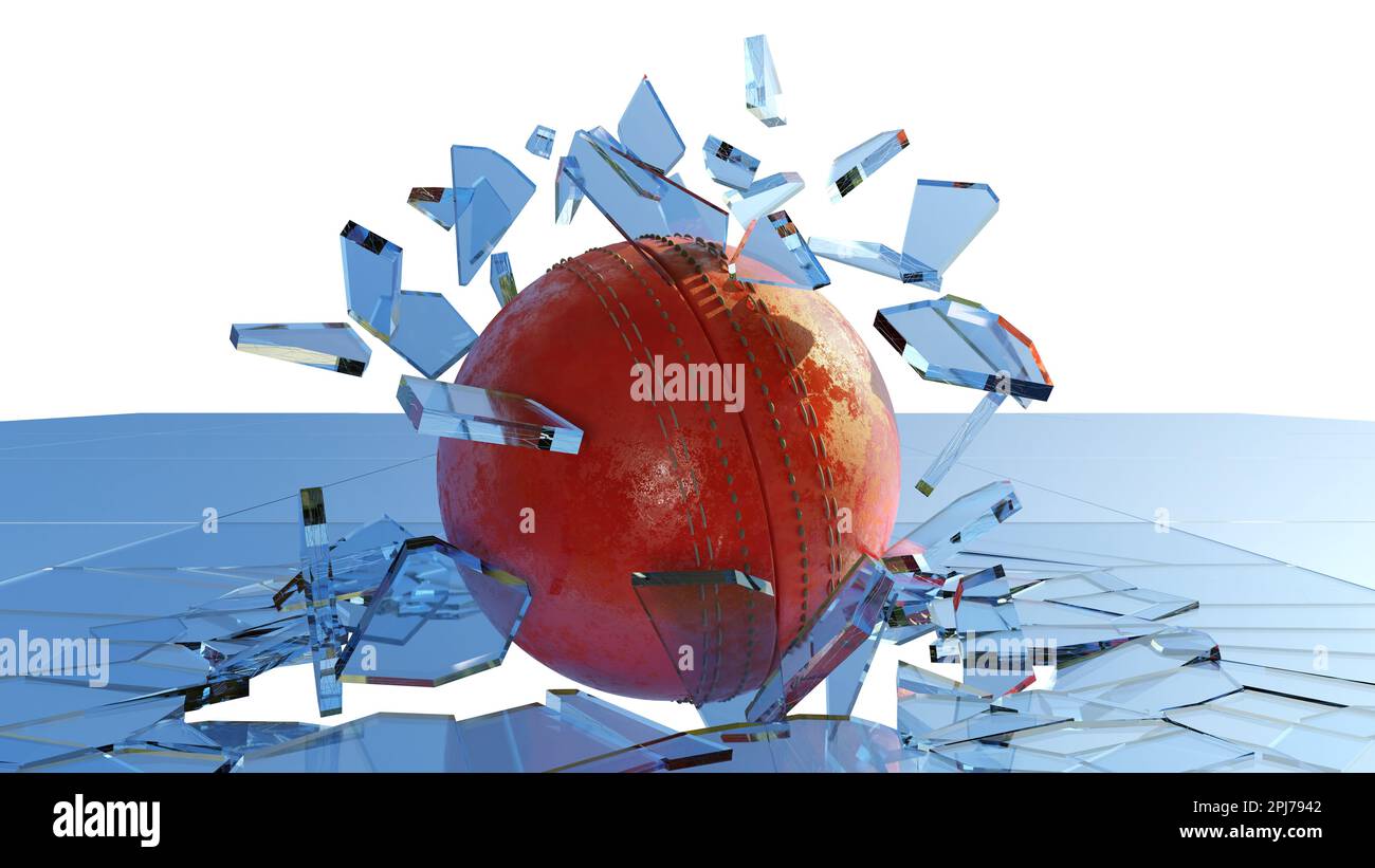 Cricket ball Breaking Glass, lunettes brisées qui volent sur l'air. Banque D'Images