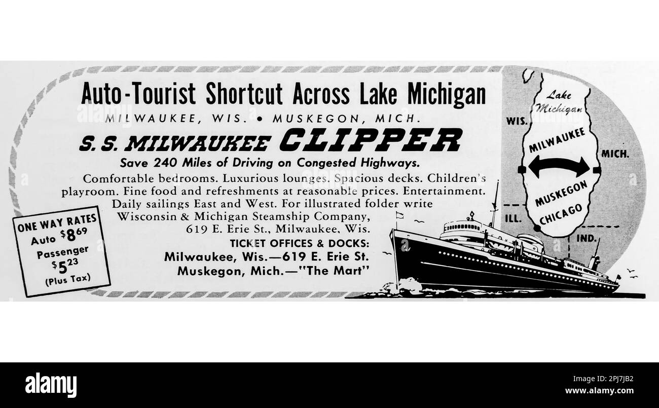SS Milwaukee clipper Sea Travel - Wiskonsin & Michigan Steamship annonce publicitaire dans un magazine NatGeo, mai 1957 Banque D'Images