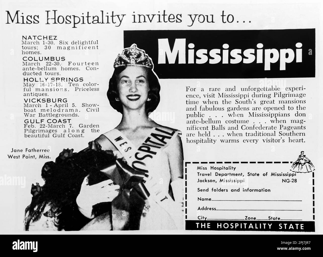 Miss Hospitality Mississippi office de tourisme publicité dans un magazine NatGeo, juillet 1958 Banque D'Images