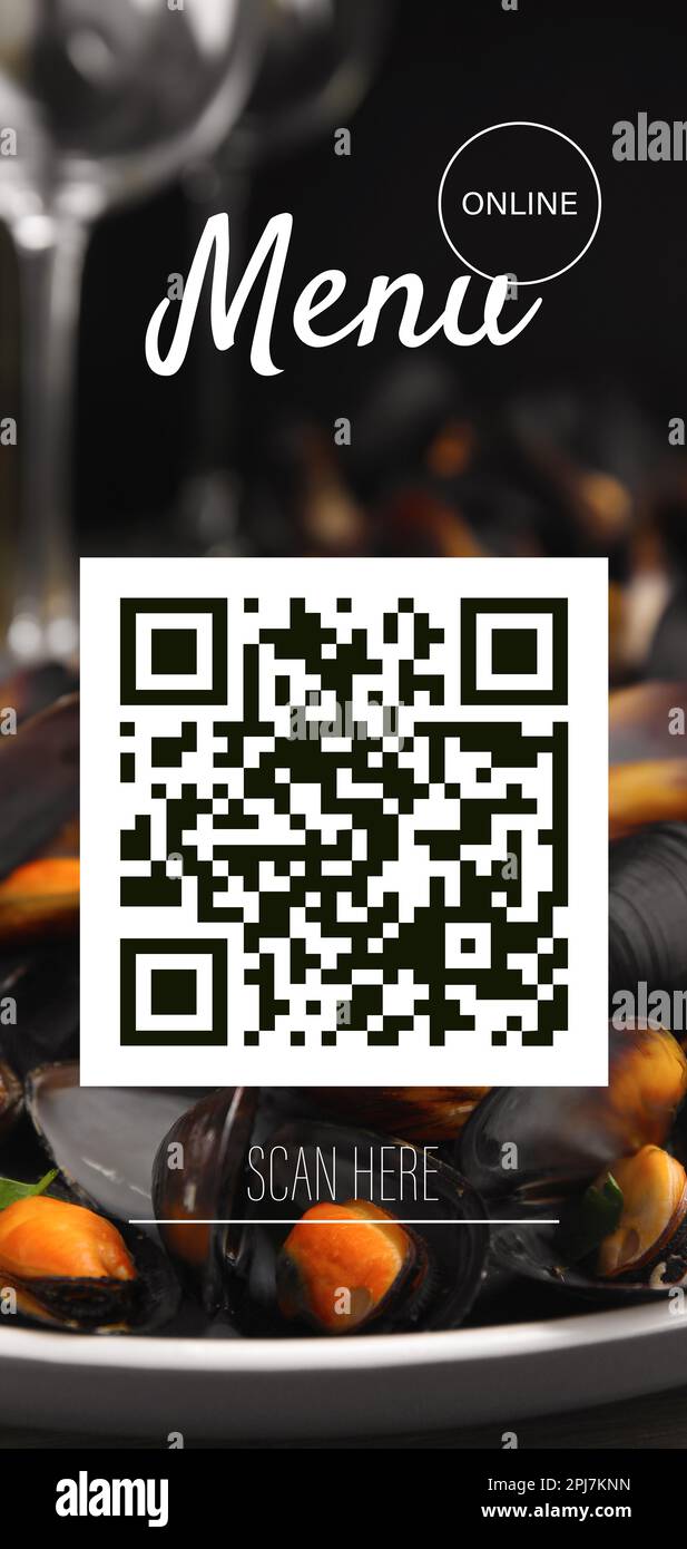 Scannez le code QR pour accéder au menu sans contact. Moules cuites  savoureuses sur l'assiette, en gros plan Photo Stock - Alamy