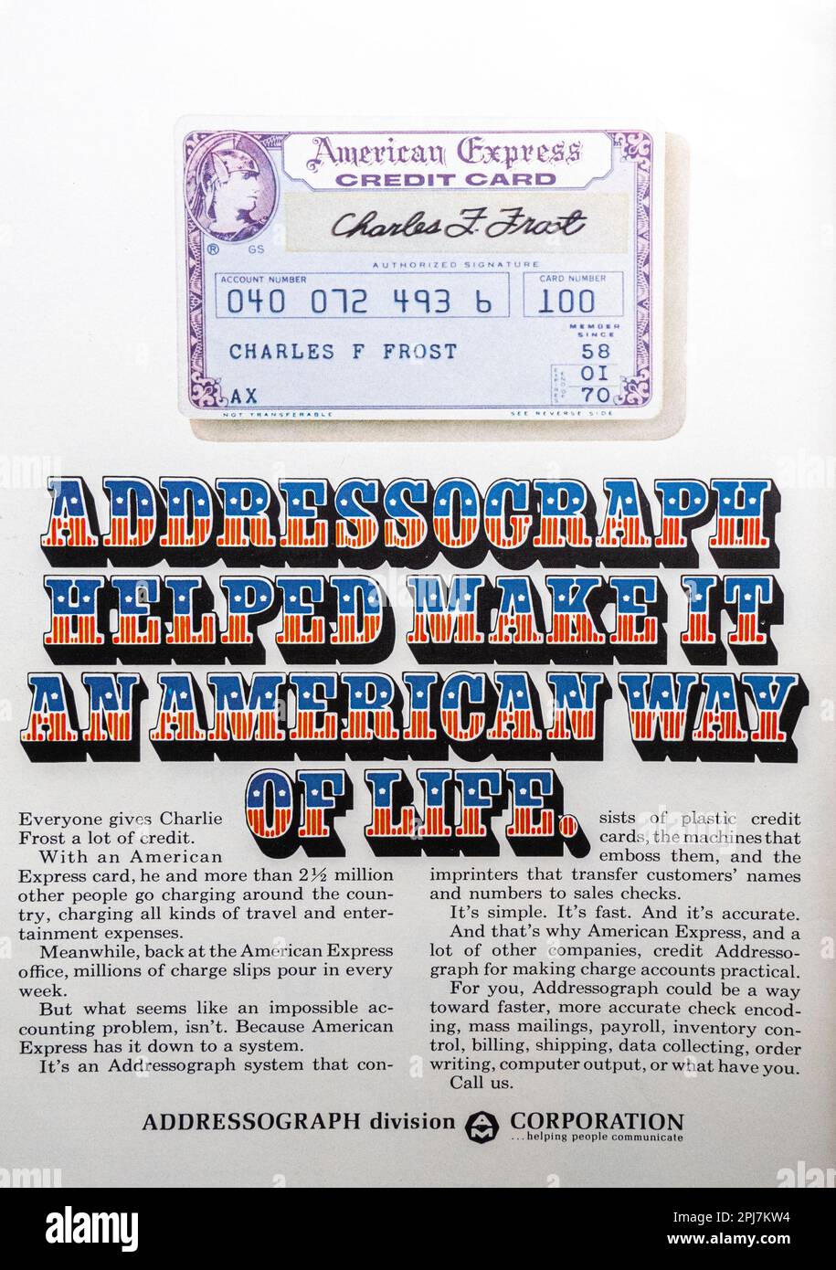 American Express card, addressegraph - annonce de l'étiqueteuse d'adresses et du système d'étiquetage dans un magazine NatGeo, mars 1969 Banque D'Images