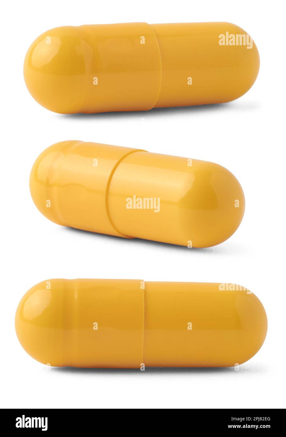 capsules de gélatine jaune pilules, médicament médical oral rempli de poudre ou de forme liquide isolé sur fond blanc, découpé sous différents angles avec la merde Banque D'Images