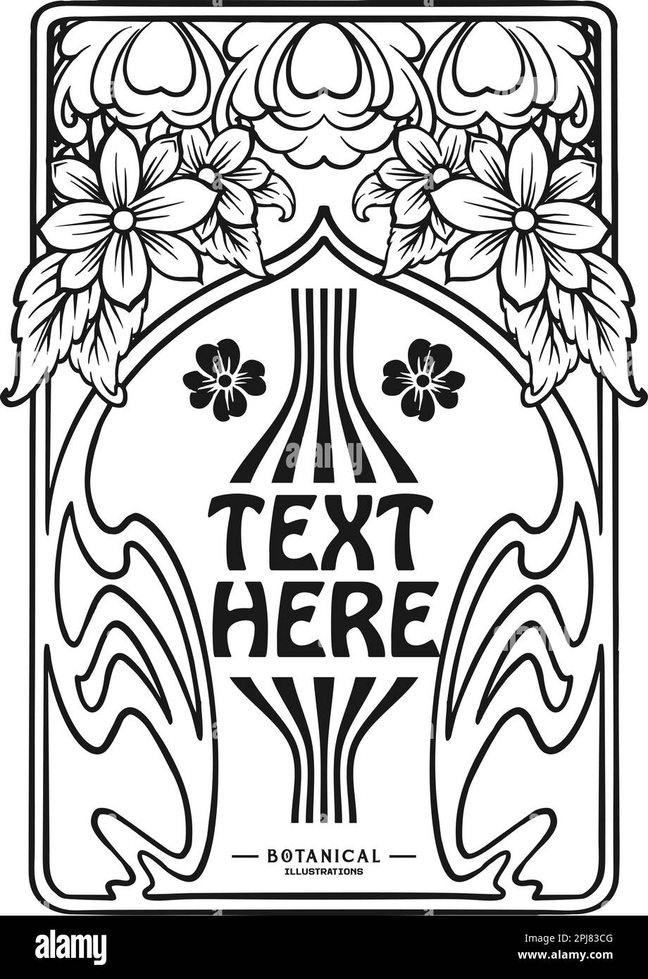Cadre floral botanique art nouveau classique illustrations vectorielles monochromes pour votre travail logo, t-shirt, autocollants et étiquettes, affiche Illustration de Vecteur