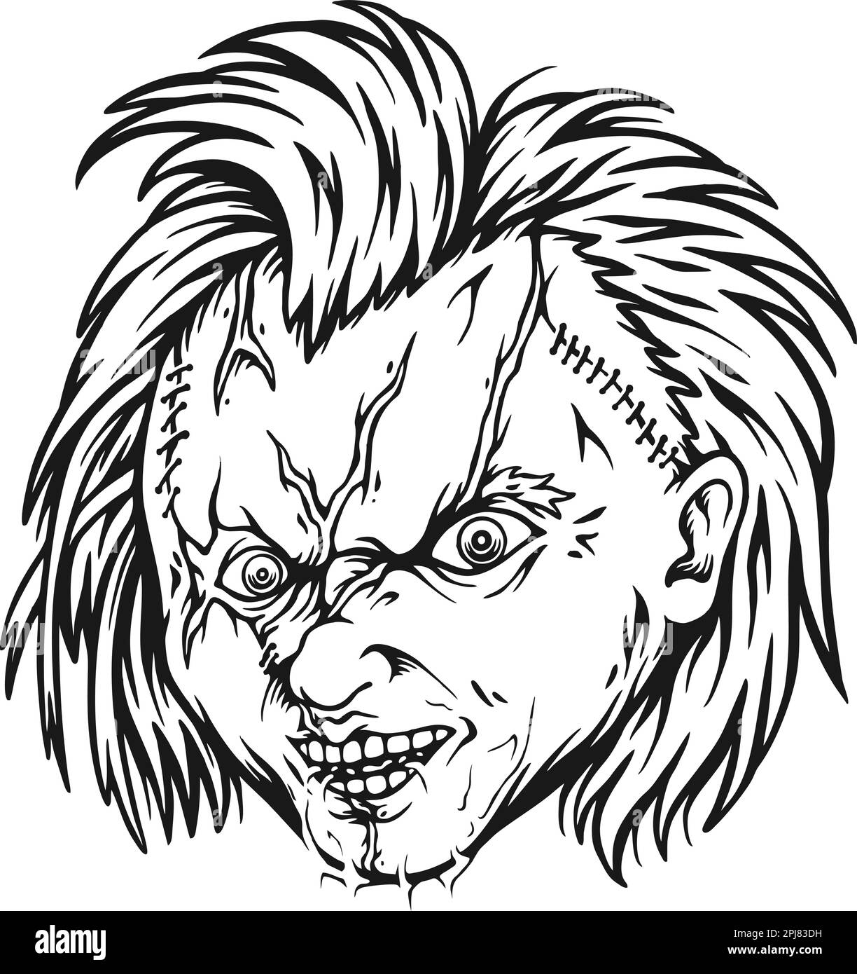 Effrayant enfants jouer poupée horreur visage illustrations monochrome vecteur pour votre travail logo, t-shirt, autocollants et étiquettes, affiche Illustration de Vecteur