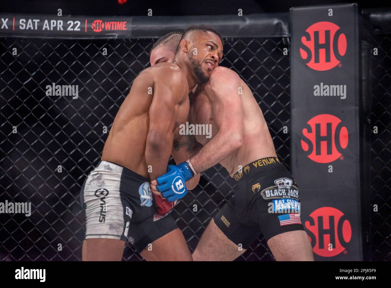 TEMECULA, CALIFORNIA - MARCH 31: (L-R) Archie Colgan battles Justin Montalvo in their Lightweight fight during the Bellator 293 event on March 31, 2023, at Pechanga Resort and Casino in Temecula, CA. (Photo by Matt Davies/PxImages/Icon Sportswire) (Icon Sportswire via AP Images) Banque D'Images