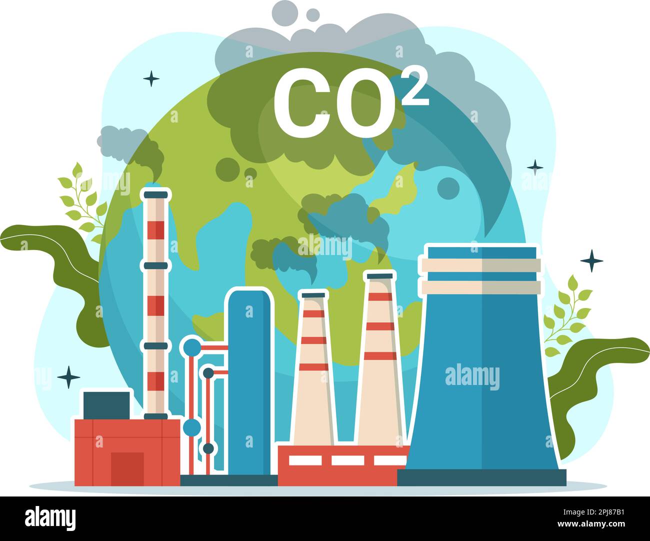 Dioxyde de carbone ou illustration de CO2 pour sauver la planète Terre du changement climatique en raison de la pollution des usines et des véhicules dans des modèles dessinés à la main Illustration de Vecteur