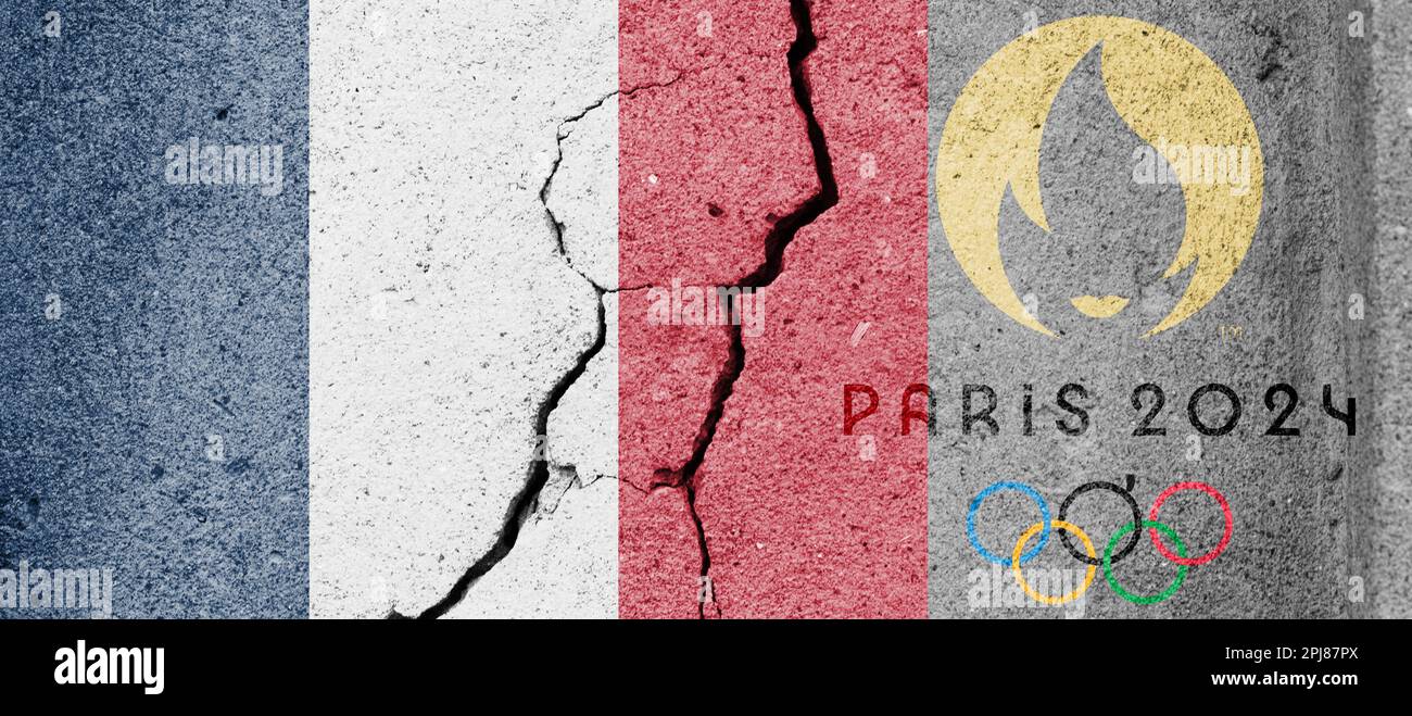 PARIS, FRANCE, Mars 2023: Vue de dessus du drapeau des Jeux olympiques de france 2024 avec texture grunge. pas de mât. Conception de plan, présentation. Logo officiel de SOG Banque D'Images