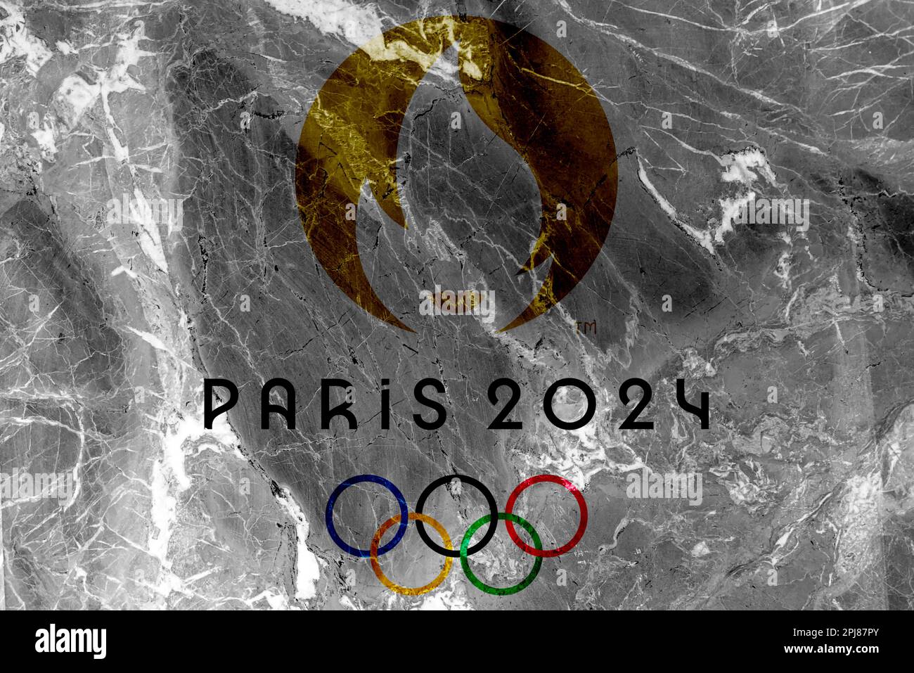 PARIS, FRANCE, Mars 2023: Vue de dessus du drapeau des Jeux olympiques de france 2024 avec texture grunge. pas de mât. Conception de plan, présentation. Logo officiel de SOG Banque D'Images