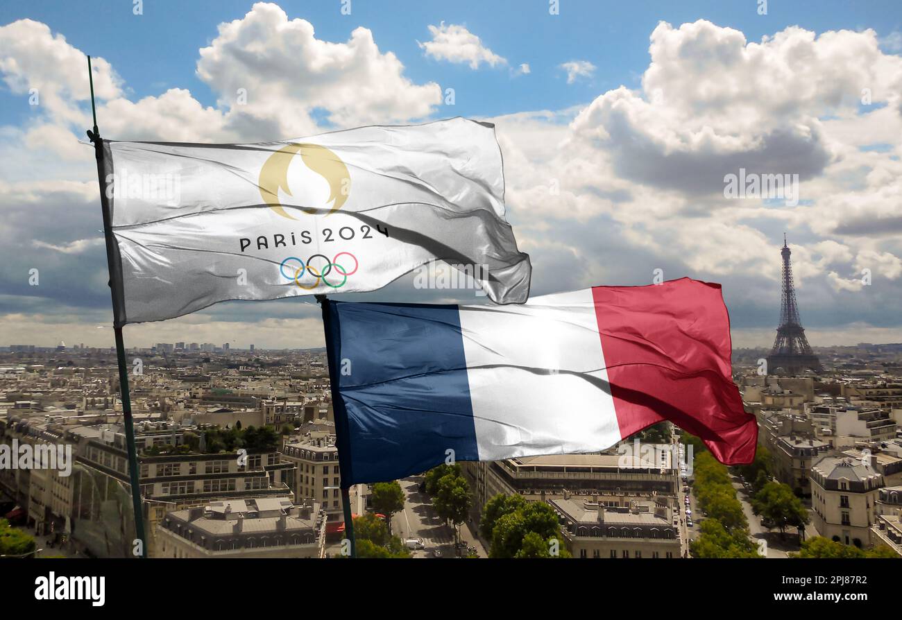 PARIS, FRANCE, Mars 2023: Vue de dessus du drapeau des Jeux olympiques de france 2024 avec texture grunge. pas de mât. Conception de plan, présentation. Logo officiel de SOG Banque D'Images