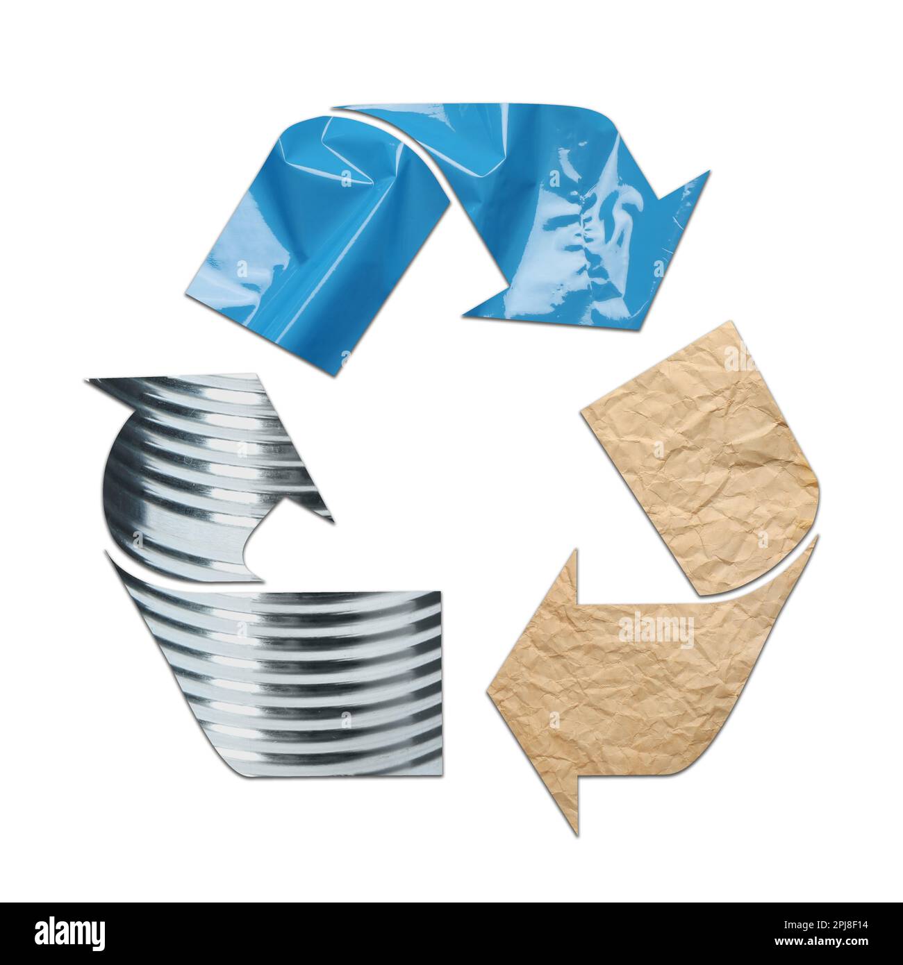 Symbole de recyclage en papier d'emballage turquoise extensible, boîte en étain et vieux papier parchemin sur fond blanc Banque D'Images