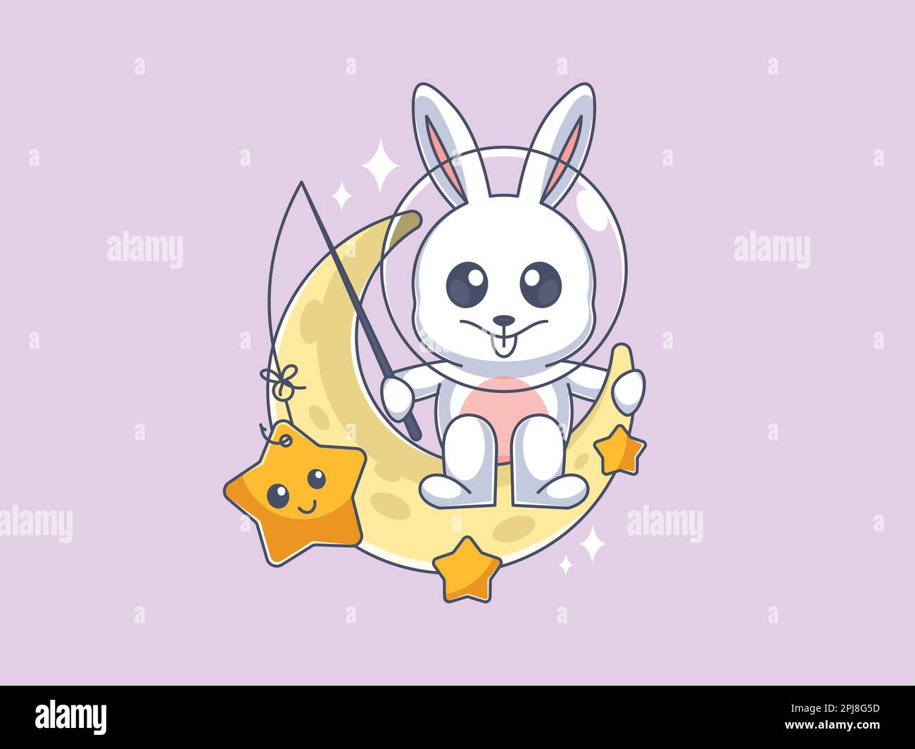 Mignon lapin pêche pour les étoiles sur la lune Illustration de Vecteur