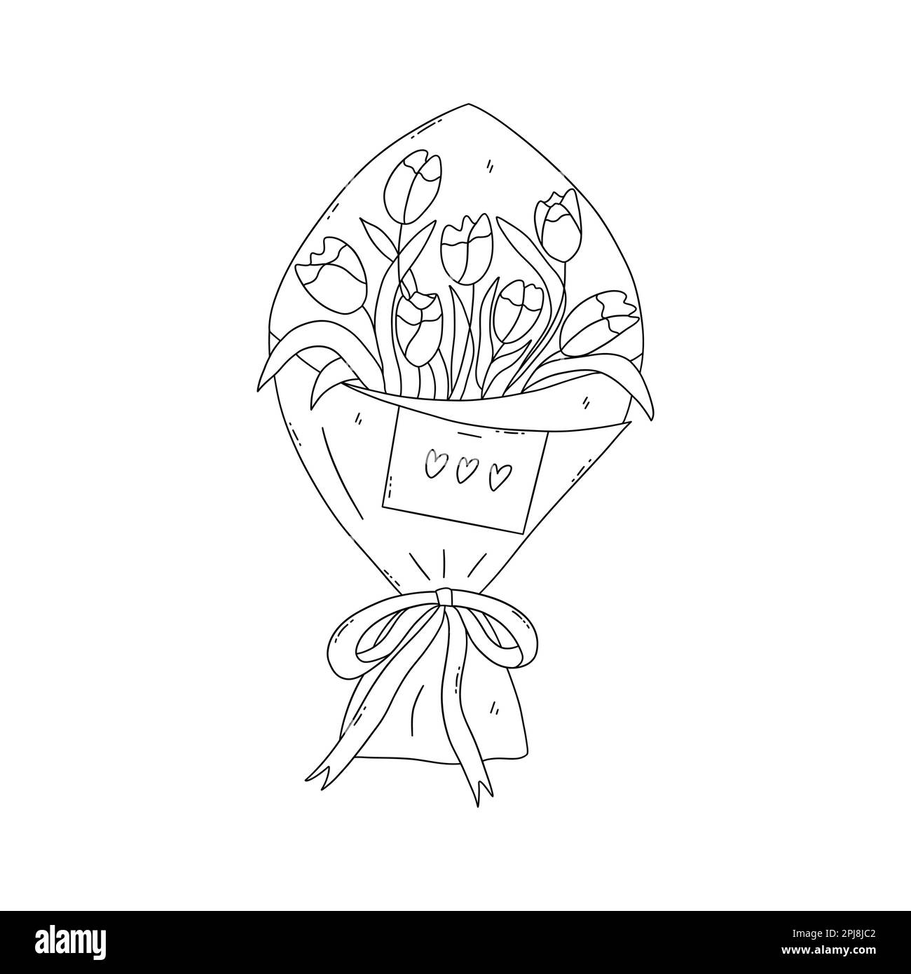 Bouquet de tulipes en emballage kraft, attaché avec ruban. La note d'amour est épinglée au papier. Illustration noire et blanche vectorielle isolée Doodle dessiné à la main. Illustration de Vecteur