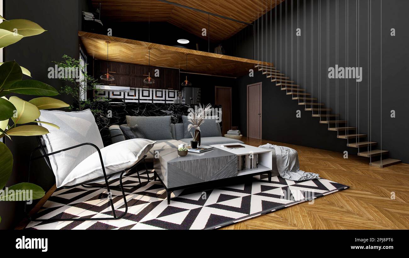 Décoration moderne de salon-loft avec murs gris foncé et parquet, 3D éléments Banque D'Images
