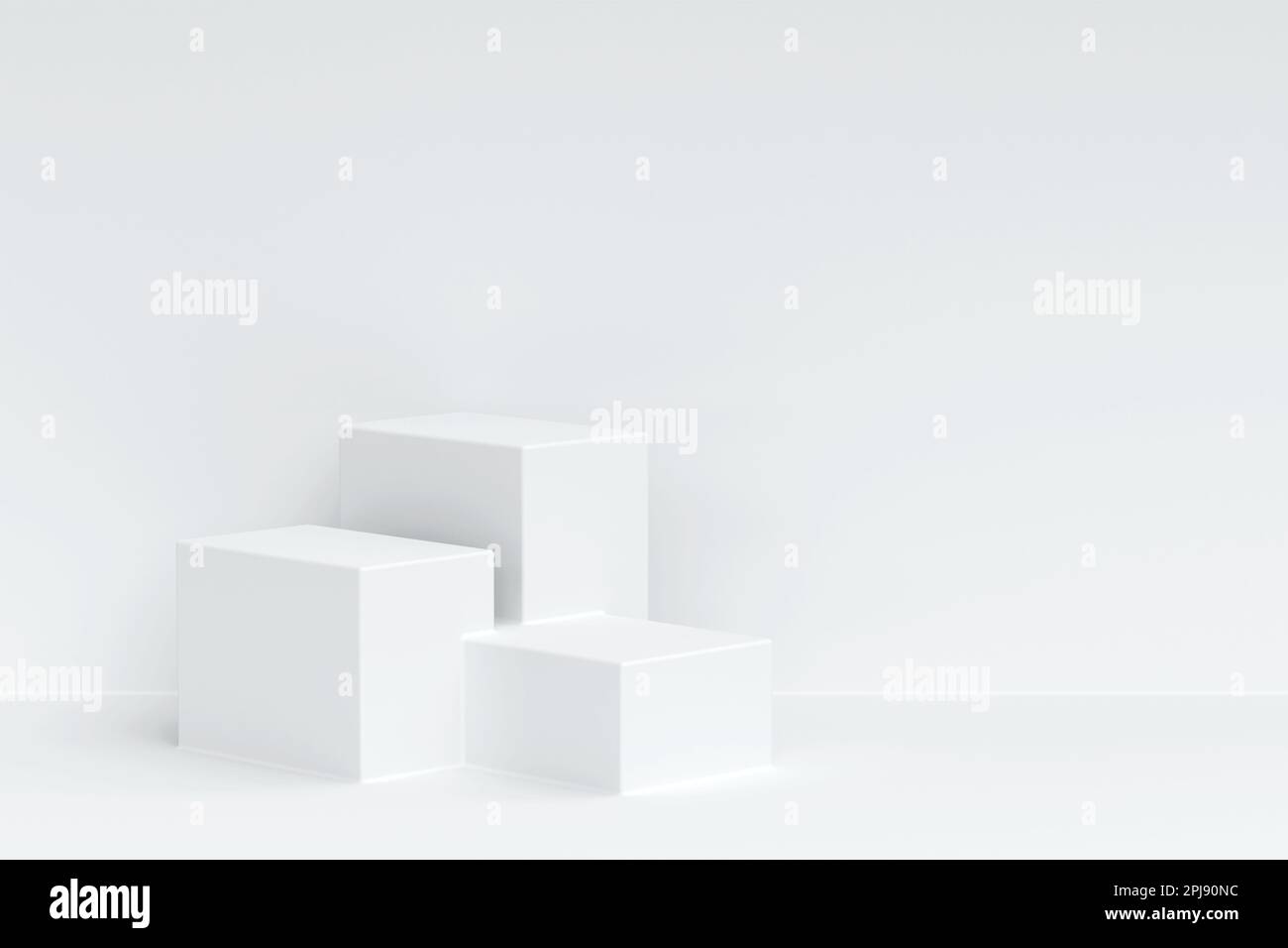 Trois podiums carrés blancs et toile de fond de mur blanc. Scène murale blanche minimale pour la présentation des produits, rendu 3D heures sur 24 et 7 jours sur 7 Banque D'Images