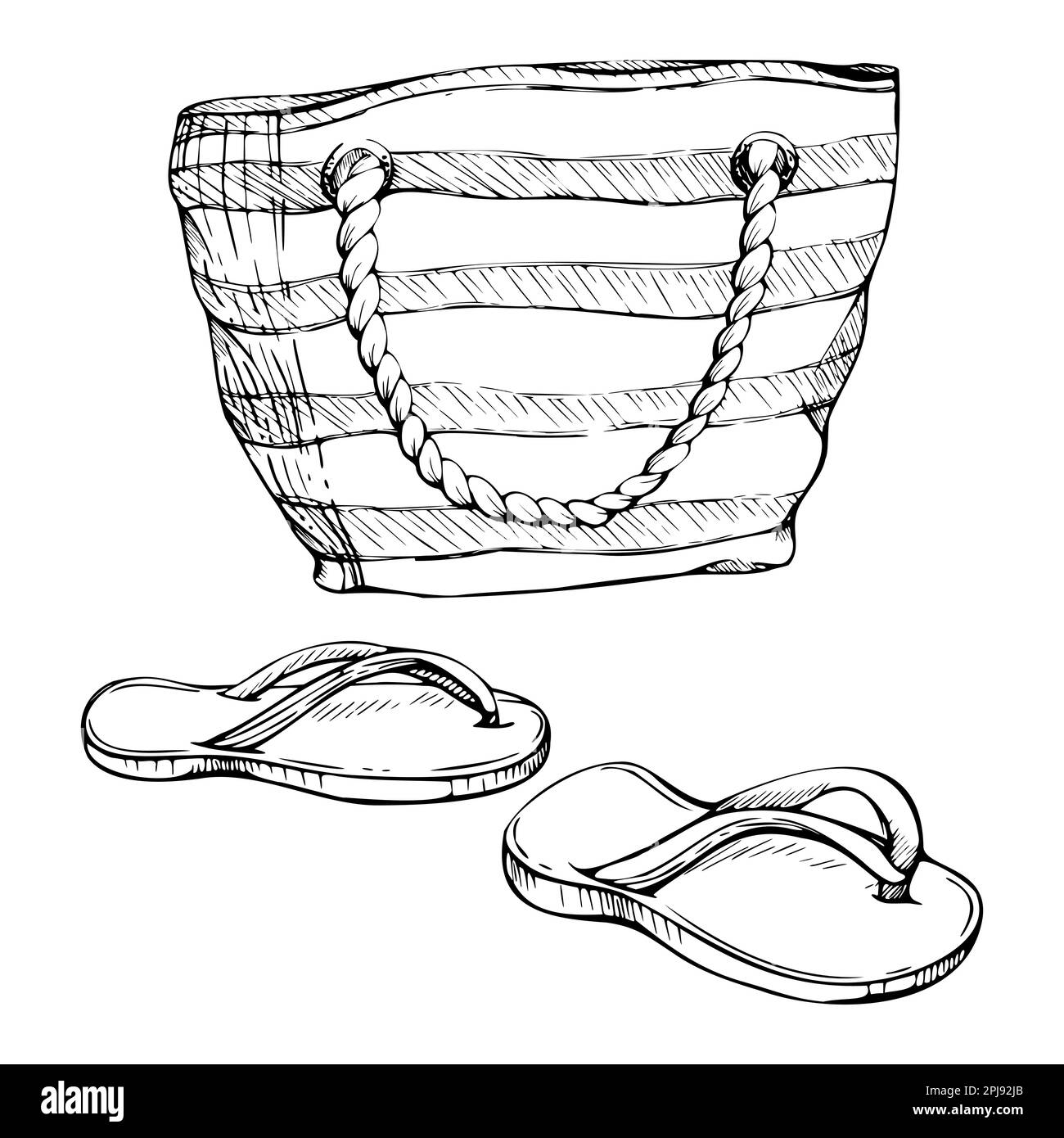 Éléments d'encre vectorielle dessinés à la main. Sac en toile de plage à rayures, accessoires, sandales à rabat. Isolé sur fond blanc. Décoration murale, mariage Illustration de Vecteur